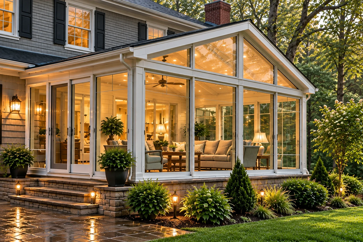 Custom sunroom with white-framed glass walls and a peaked roof, attached to a house and glowing with warm interior lights.
