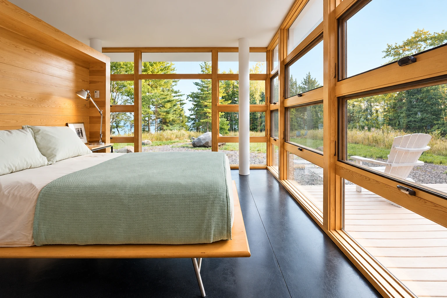 Custom sunroom bedroom with honey-colored wood framing, large windows, a bed, and a view of trees and a deck.