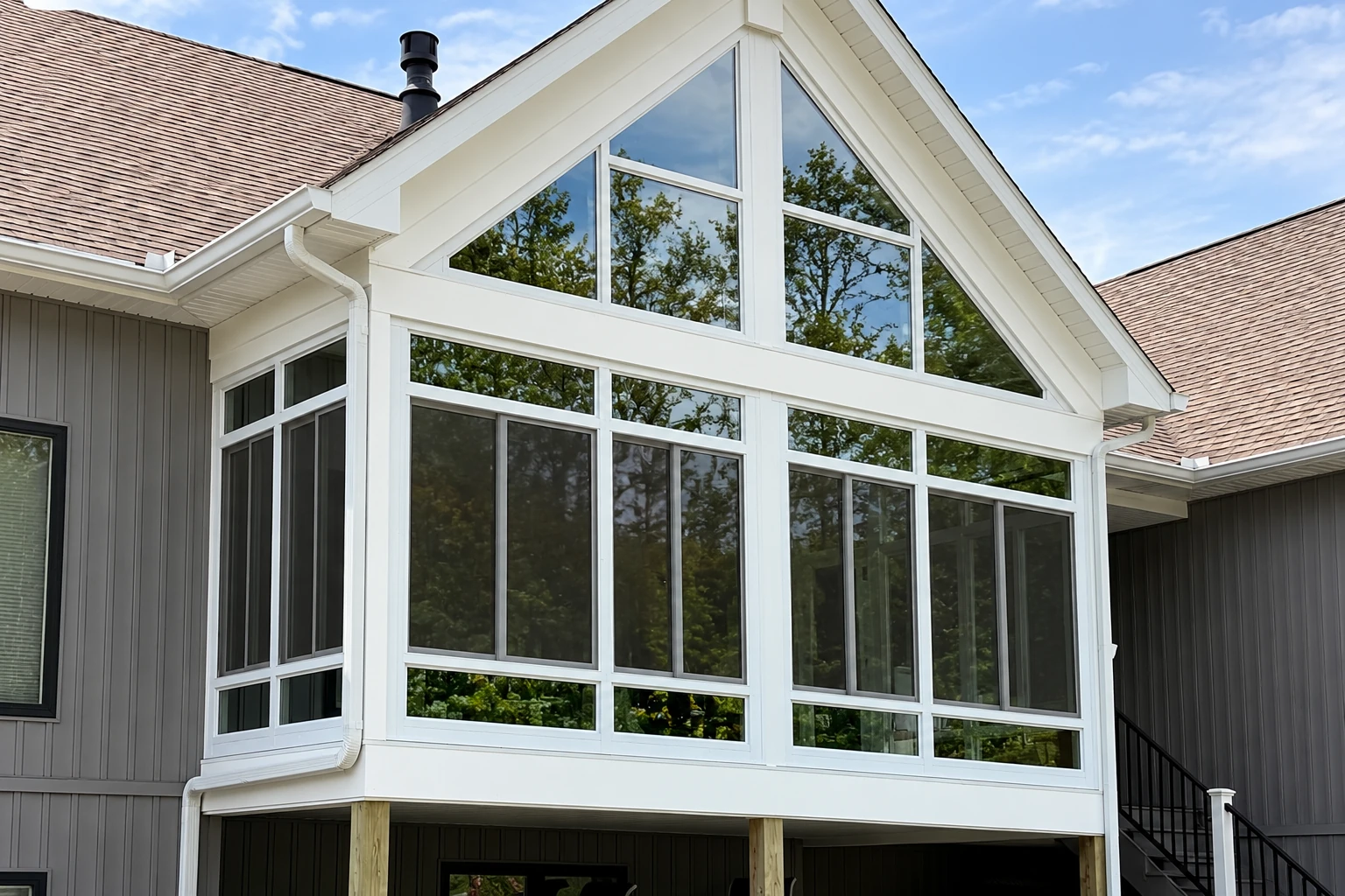 A raised sunroom with white framing and tall triangular windows extends from a gray-sided house.
