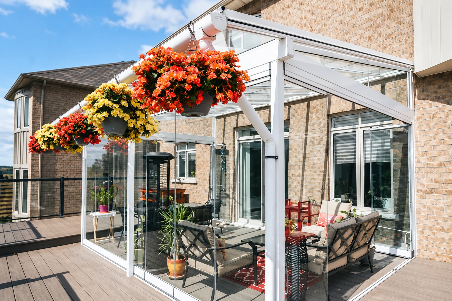 A glass-enclosed patio with a white frame and sloped roof sits beside a brick house, with hanging flower baskets above outdoor seating.