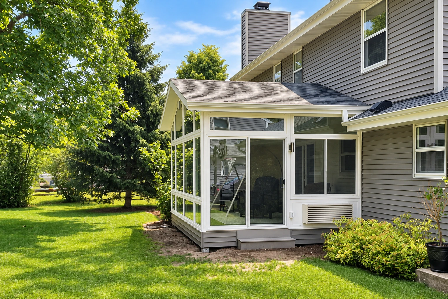 A white-framed enclosed patio room projects from a gray-sided house, with large windows, a glass door and a shingled roof.