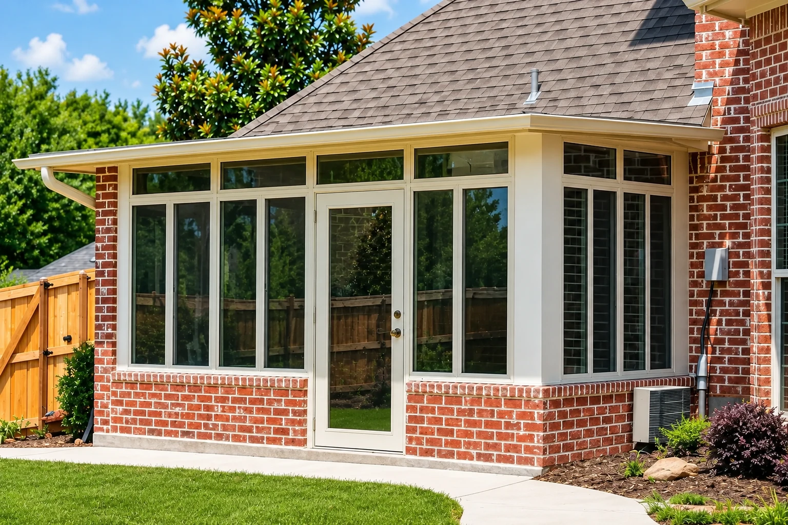 A white-framed four-season sunroom with a low-pitched roof and brick base adjoins a brick house.