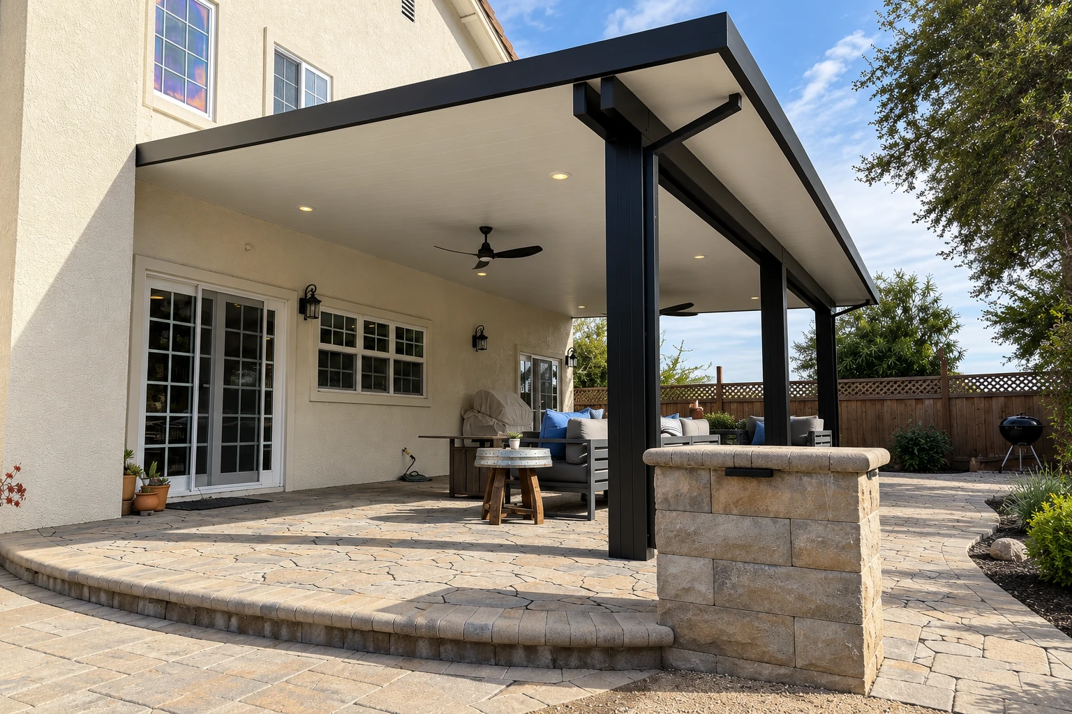 A broad patio cover with a dark frame and recessed lights shades a stone-paved patio with outdoor seating.
