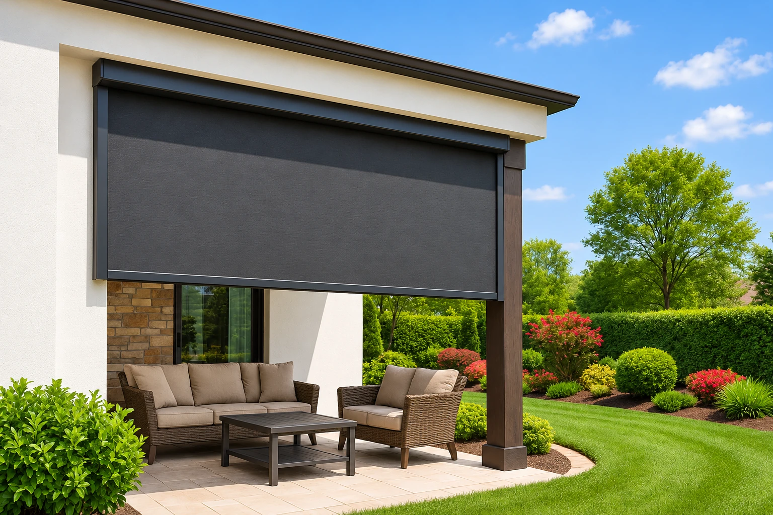 Patio enclosure with a large charcoal roller shade above outdoor seating and a landscaped garden.