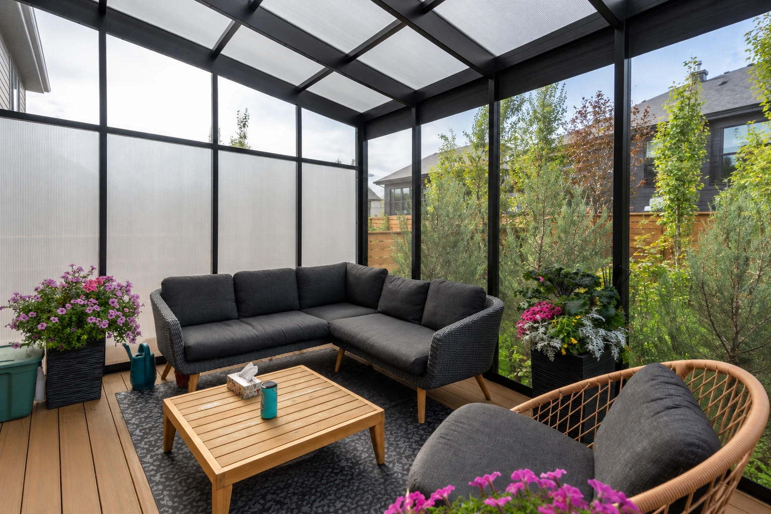A patio enclosure with dark framing and translucent roof panels shelters a sectional sofa and potted flowers.