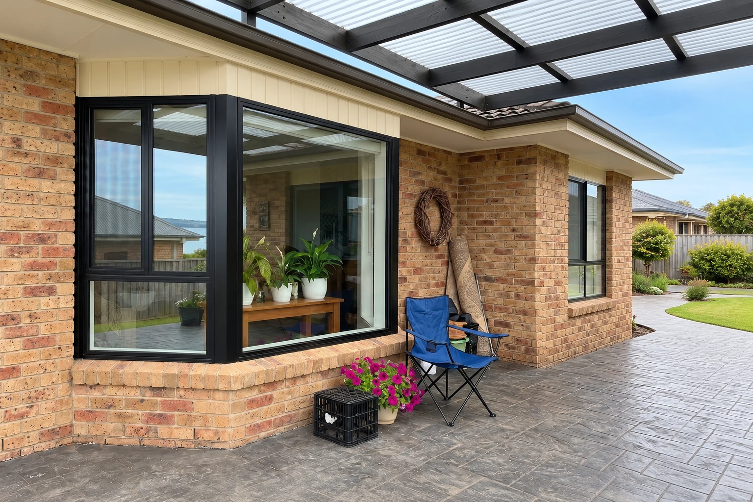 A brick patio enclosure features large black-framed windows beneath a translucent roof, with potted plants and a folding chair outside.