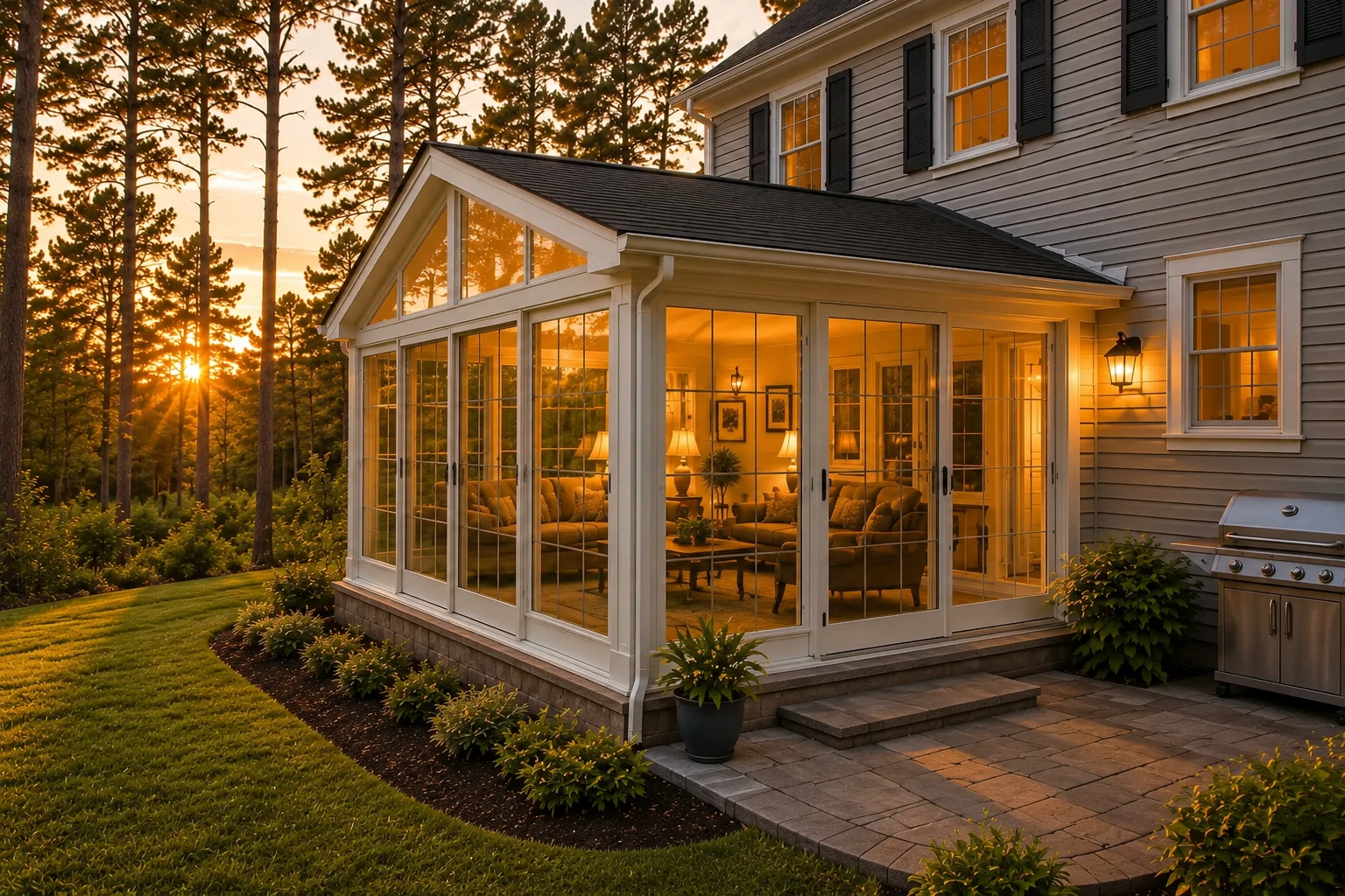 Patio-to-sunroom conversion with a white-framed glass enclosure, glowing interior lights, and a paved patio at sunset.