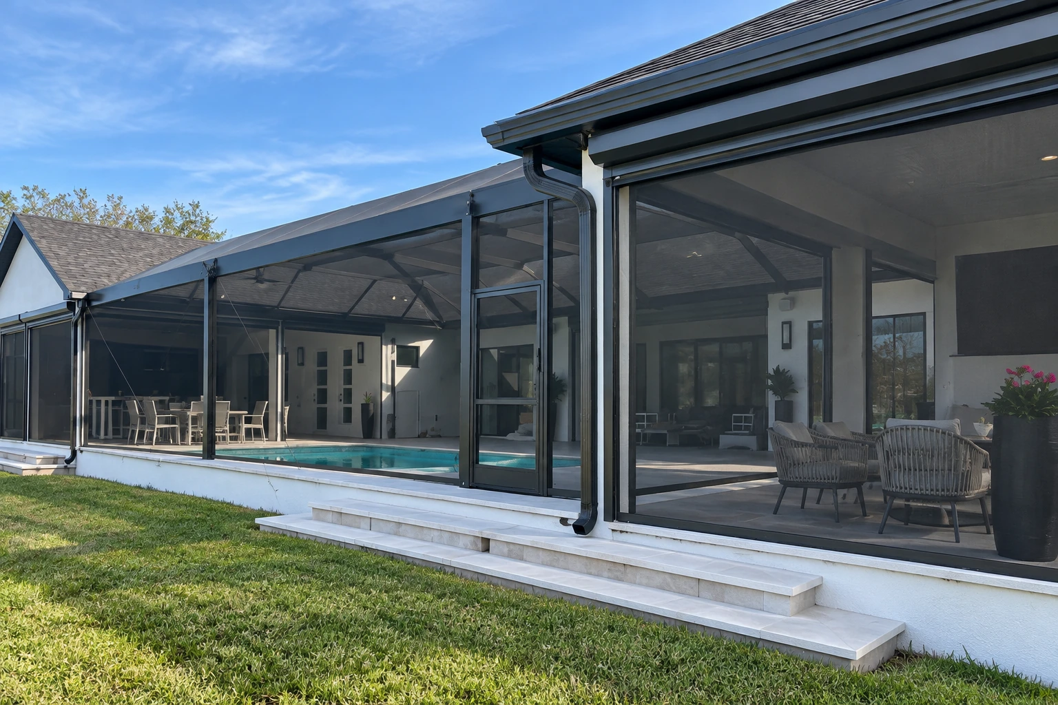 A dark-framed screened patio enclosure surrounds a poolside seating area beneath a broad roof.