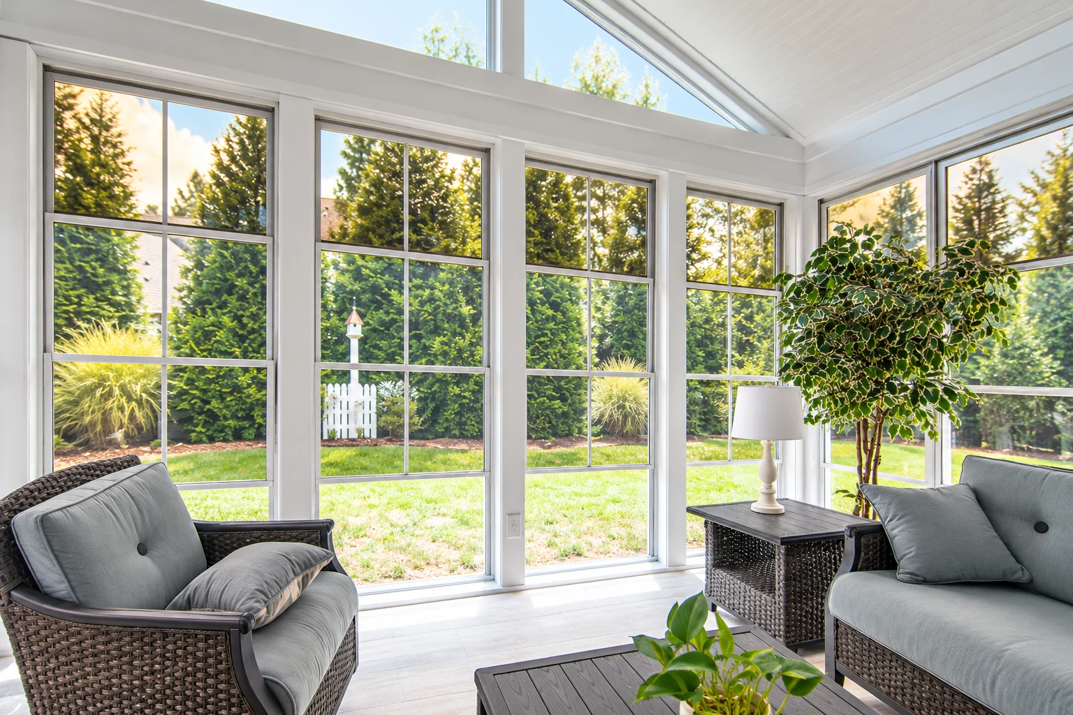 A bright solarium with white-framed windows and a peaked glass roof contains wicker seating, a side table, and a potted tree.