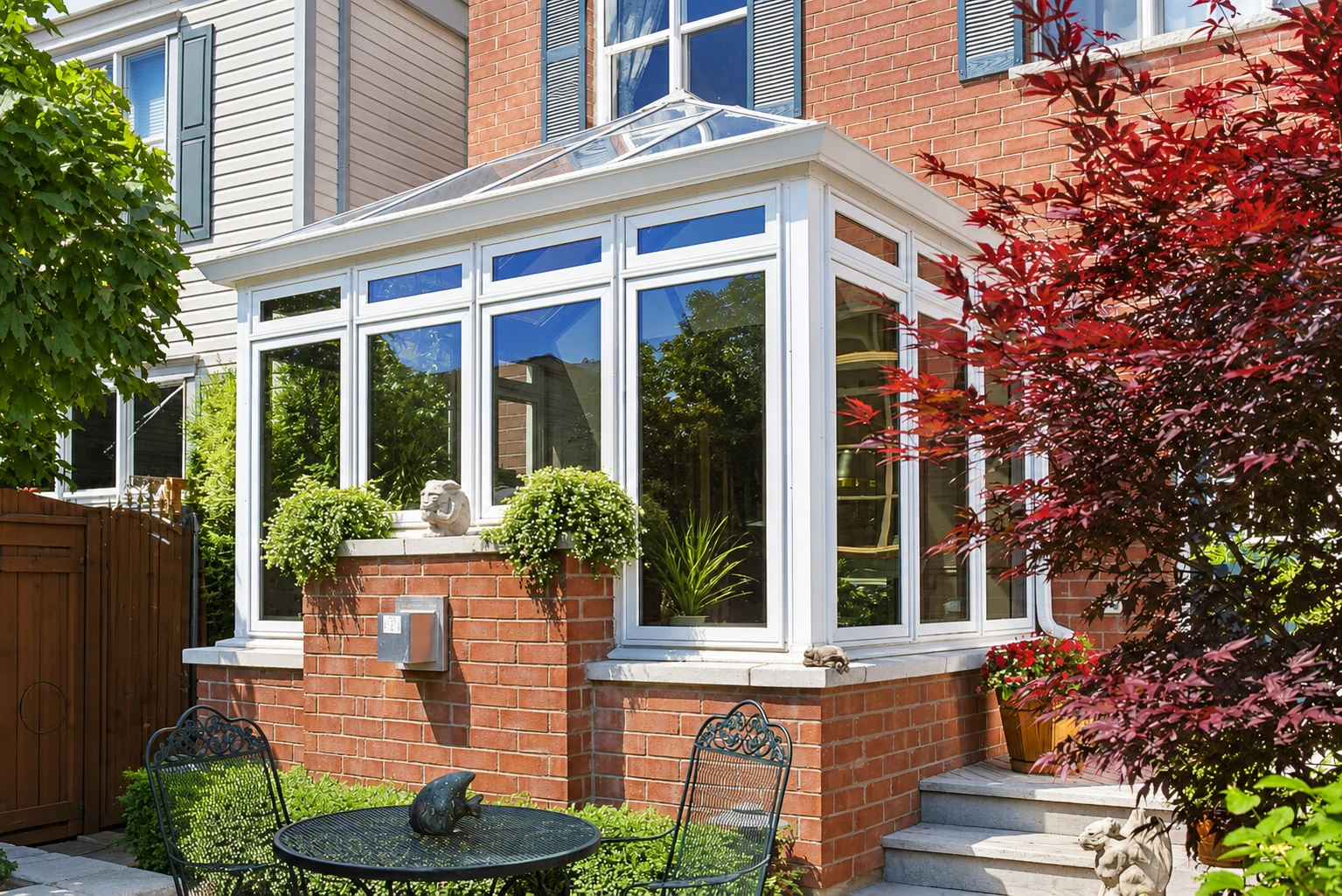 A white-framed glass solarium extends from a brick house, with a sloped glazed roof and a garden patio in front.