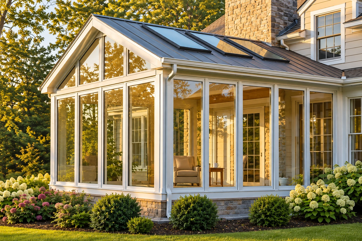 A white-framed glass sunroom addition with a gabled roof and skylights sits beside a stone house, surrounded by flowering shrubs.