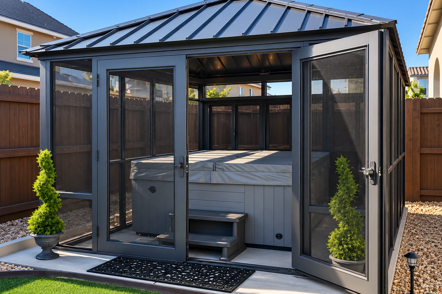 A dark-framed screened patio enclosure with a metal roof surrounds a large hot tub, with open doors and small potted shrubs.