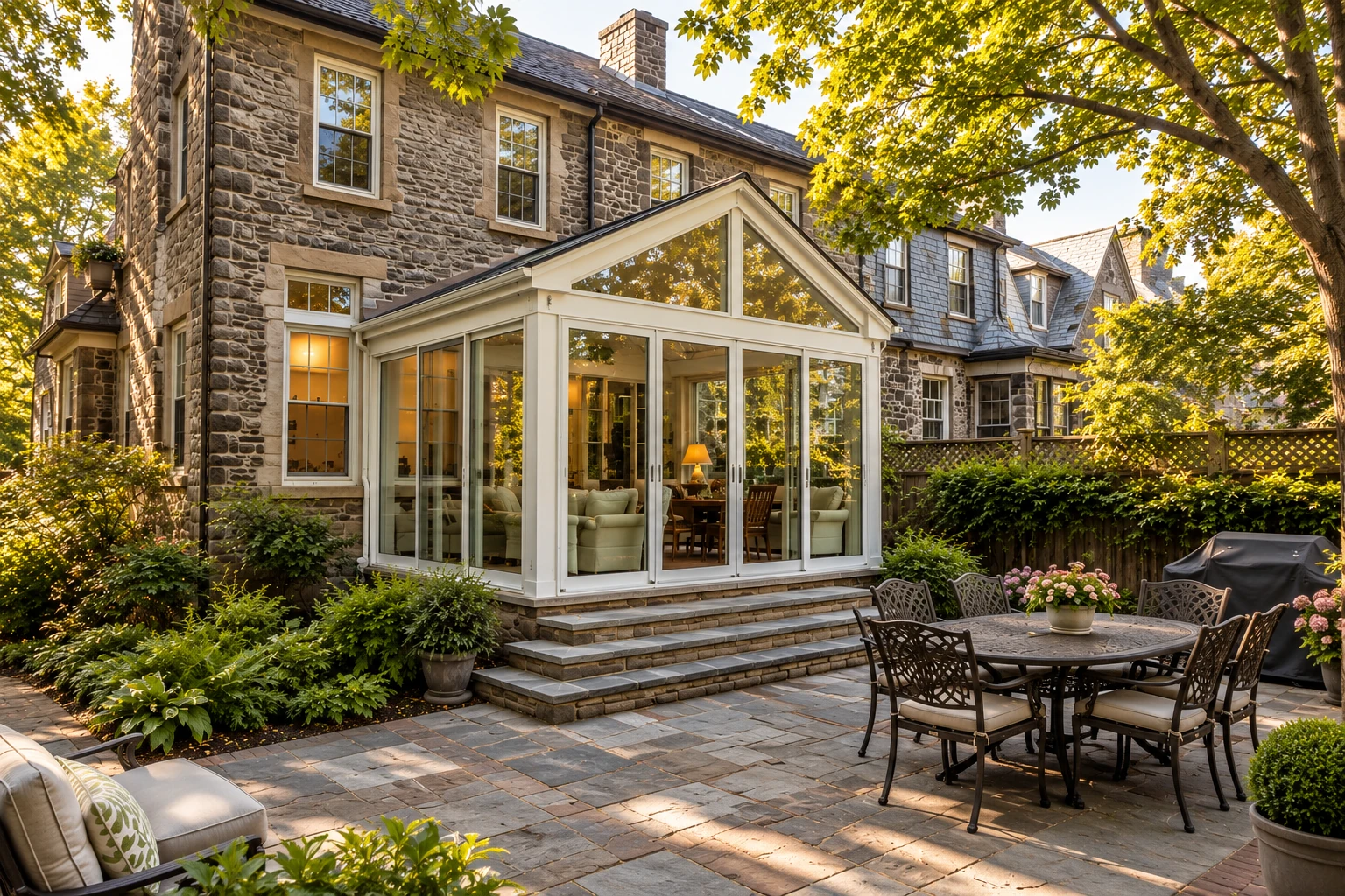 A glass sunroom addition with a peaked roof extends from a stone house onto a paved patio with outdoor dining furniture.
