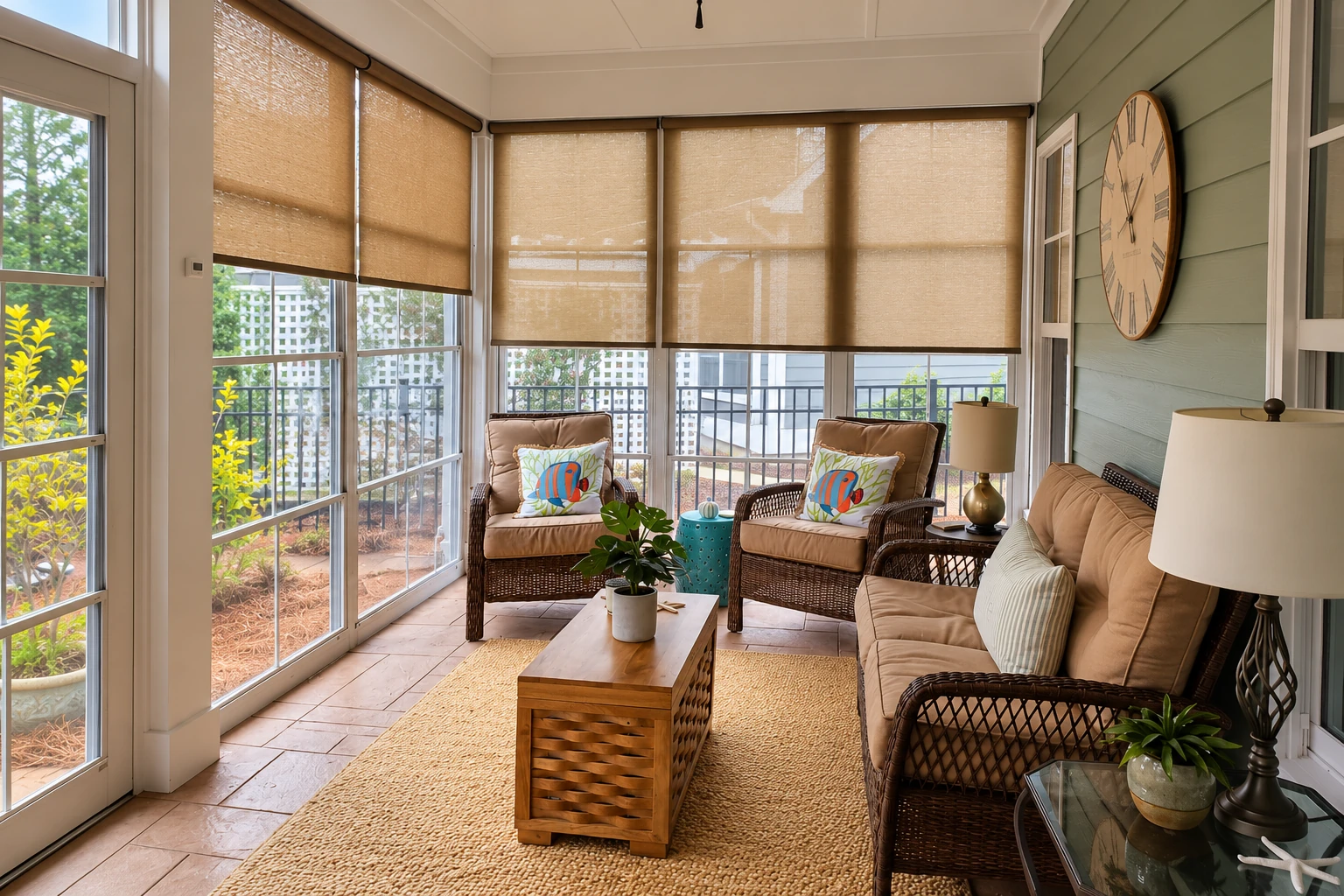 Three-season sunroom with wicker seating, woven shades, a wood coffee table, and garden views through screened windows.