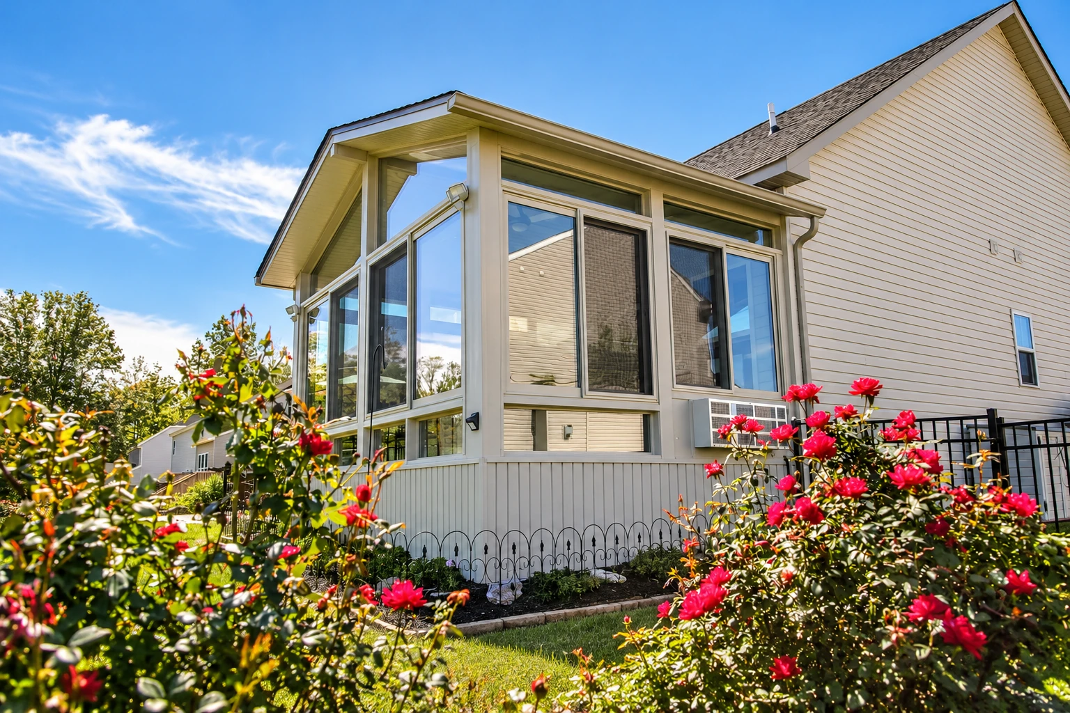 Three-season sunroom attached to a beige house, with white-framed windows and red flowers in the garden.