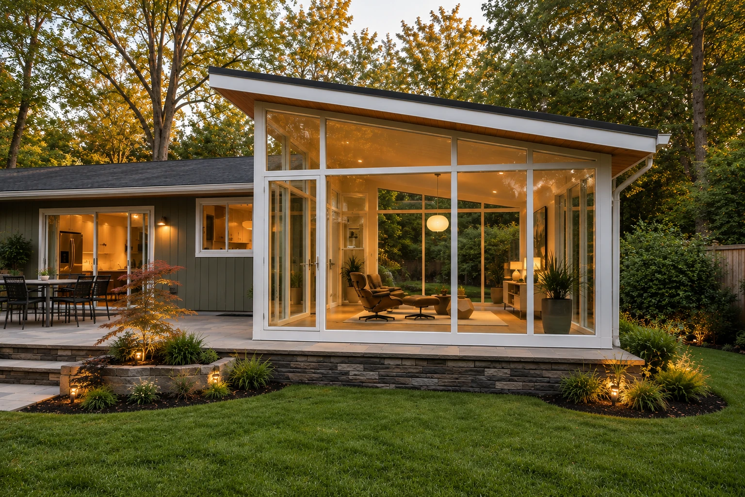 A glass-walled sunroom with a sloping roof glows at dusk beside a patio, framed by autumn trees.