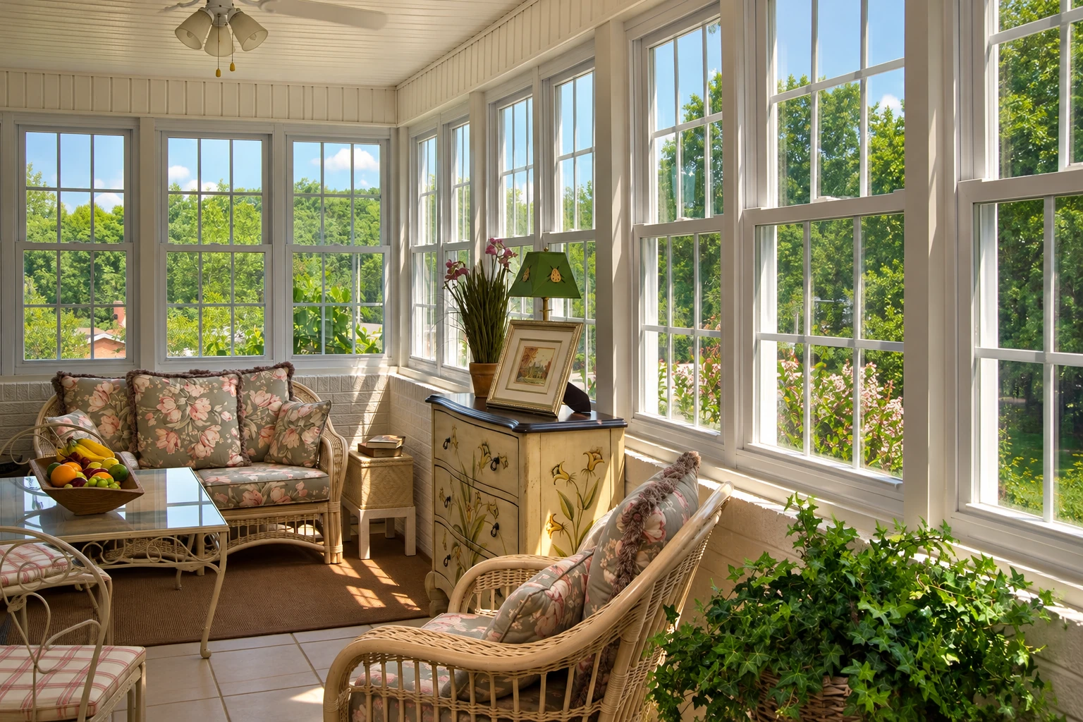 A bright sunroom with white-framed windows, wicker furniture, and views of a green garden.
